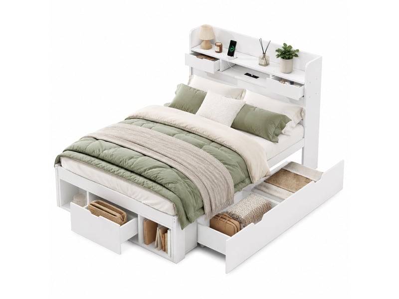  Lit simple multi 90x190 cm, rangement, charge, lit enfant tiroirs, en mdf, coloris blanc, sommier, tête de lit, sans matelas  - Conforama A