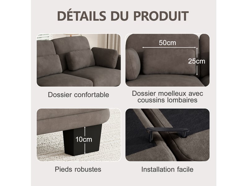 Canapé d'angle modulable tcqpz 2 places avec pouf 176 x 143 x 88 cm chenille marron - Conforama D