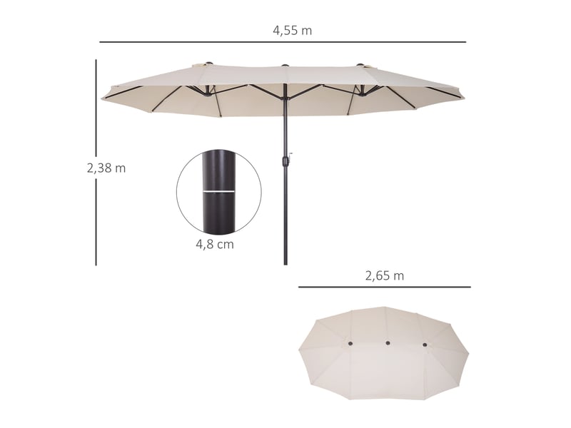 Grand parasol déporté avec manivelle, résistant aux intempéries, acier et polyester, beige, dimensions 455 cm x 270 cm x 240 cm - Conforama C