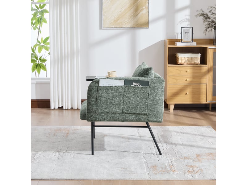  Fauteuil avec table d'appoint et poches latérales, assise rembourrée en chenille vert émeraude, 86 × 72 × 71 cm  - Conforama C