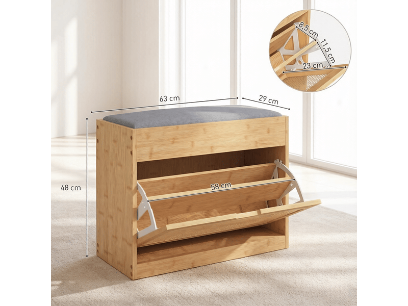  Banc à chaussures en bambou avec coussin et porte en rotin 63x29x48 cm T5828P556295 - Conforama C