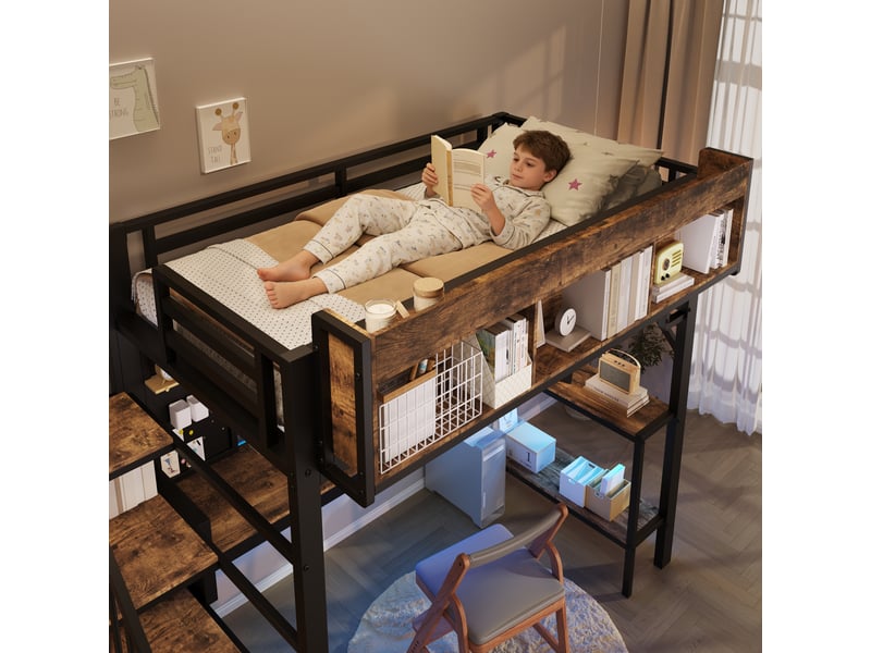  Lit mezzanine 90 × 200 cm led usb-c noir et brun avec bureau et rangements IKSETERA TRADING LTD - Conforama E