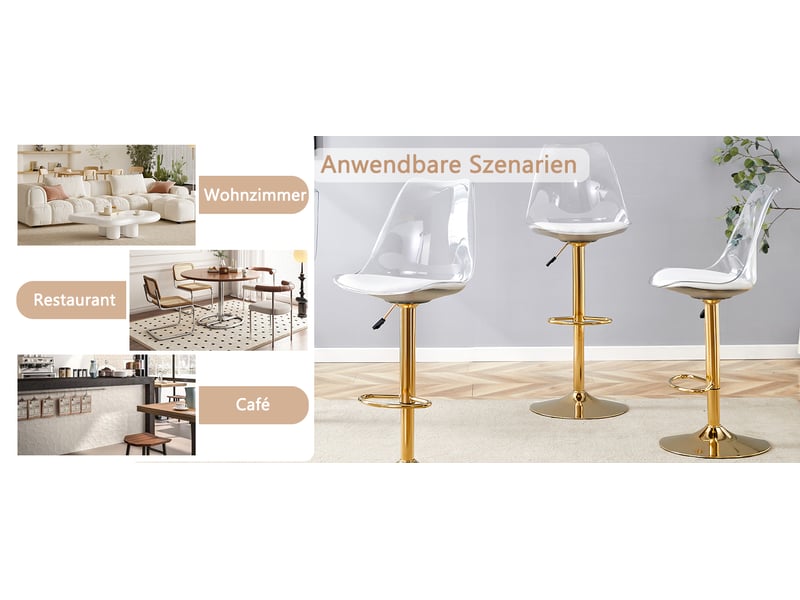  Lot de 2 tabourets de bar réglables avec dossier transparent et assise pu, pieds en métal doré, pivotant à 360°  - Conforama W