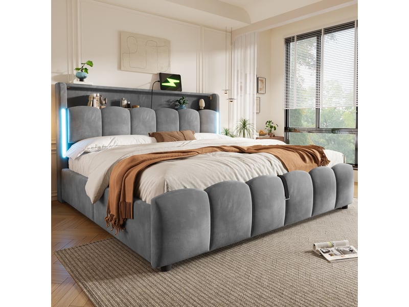 Lit capitonné, 180 x 200 cm, éclairage led, tête de lit avec compartiment de rangement, sans matelas, sommier coffre hydraulique, ports usb et type-c, velours - Conforama B