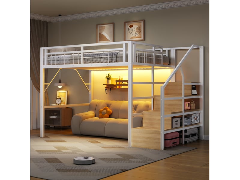  Lit mezzanine enfant 140 x 200 cm avec led, escalier de rangement, blanc  - Conforama B