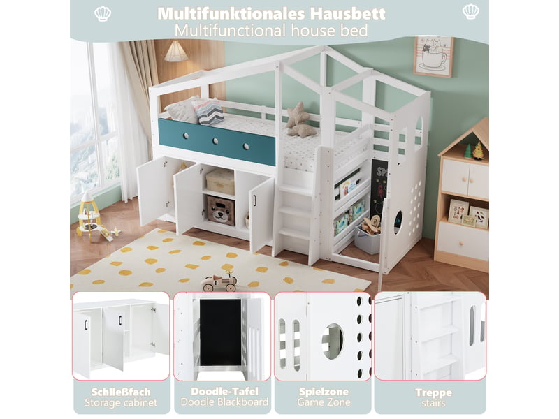 Lit mi-hauteur enfant 90x200 bas maison - lit cabane 1 place avec armoire, échelle sécurité et tableau - blanc - Conforama D