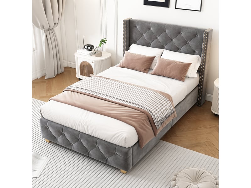  Modenvie lit 1 place capitonné 90x200 cm - velours, tête de lit à clous, sommier inclus, sans matelas - gris  - Conforama B