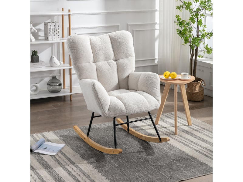 Fauteuil à bascule blanc en tissu teddy, rocking chair moderne capitonné pour salon et chambre, pieds bois - Conforama W