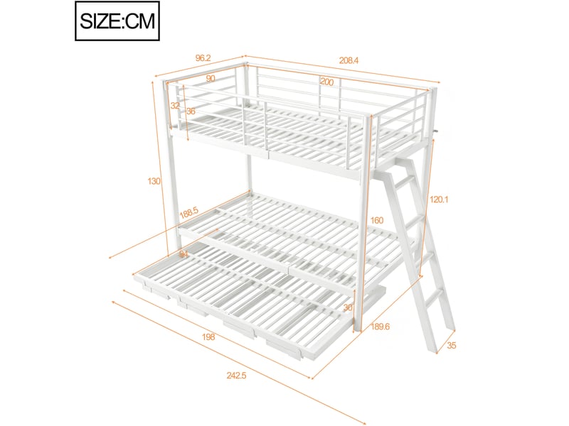  Lit superposé avec lit gigogne 90x200 cm en métal blanc, lit d’appoint coulissant, structure gain de place pour chambre enfant, sans matelas  - Conforama C