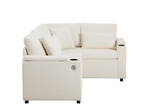 Canapé d'angle convertible 4 places en velours côtelé beige, rangement et usb, méridienne droite fixe