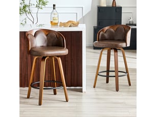 Lot de 2 tabourets de bar pivotants 48.5x41.5x89cm - pieds en noyer et coussin d'assise en cuir - marron