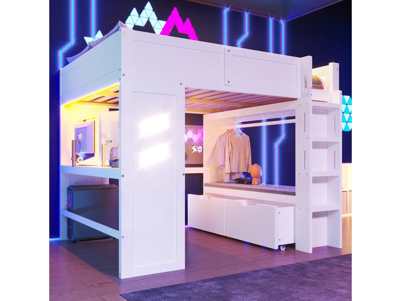  Lit en hauteur, 140x200 cm, lit en hauteur, avec bureau, led, usb et type c, matelas non inclus, bois, coloris blanc  - Conforama D