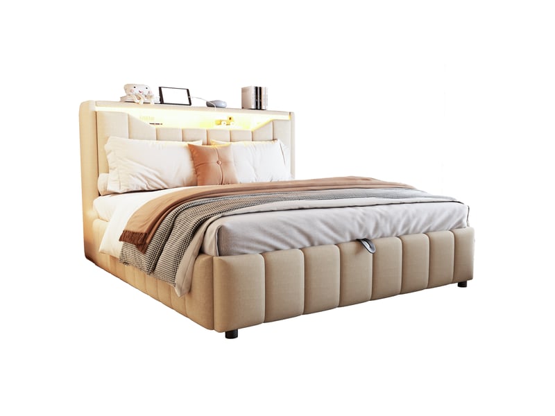 Lit coffre 140x200 cm avec sommier, rangement hydraulique, led et usb beige  - Conforama A