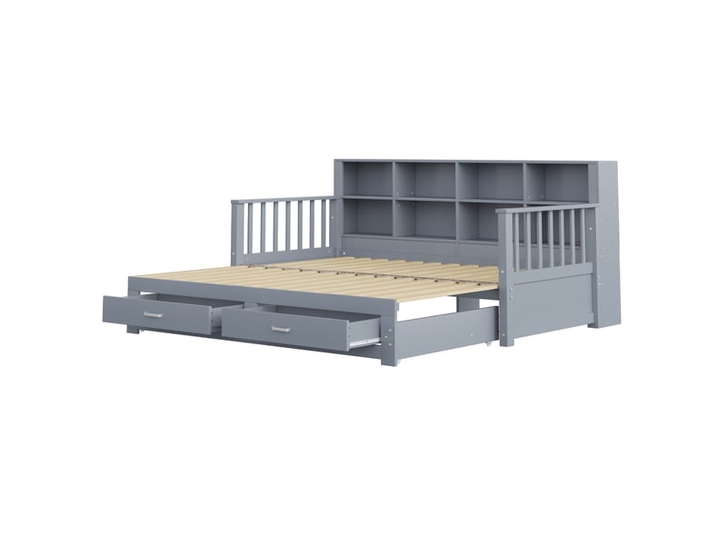  Canapé-lit extensible 90/180x190 cm avec rangements, prise et 2 tiroirs, pin gris, sans matelas  - Conforama E