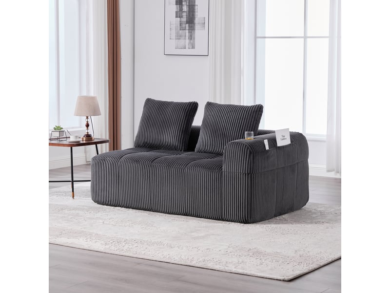  Canapé 2 places salon moderne avec coussin de dossier, poches latérales et porte-gobelet intégré, confortable sans montage - gris foncé  - Conforama D