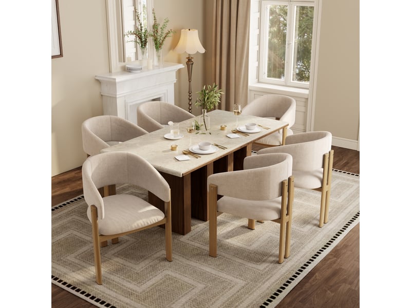  Lot de 6 chaises de salle à manger en lin beige avec accoudoirs, structure métal effet bois naturel, dossier rembourré, charge 150 kg  - Conforama B