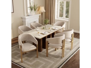 Lot de 6 chaises de salle à manger en lin beige avec accoudoirs, structure métal effet bois naturel, dossier rembourré, charge 150 kg