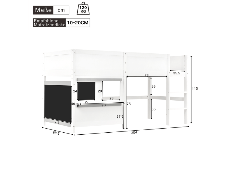 Lit mezzanine 90x200cm avec espaces de rangement, échelle à 3 échelons, barrières de sécurité, bois blanc, sans matelas - Conforama D