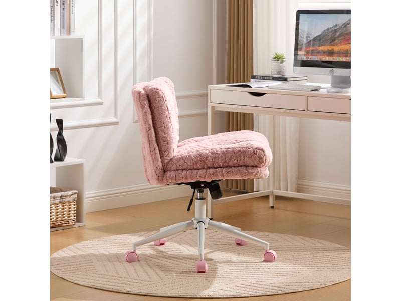  Chaise de bureau rose pivotante, chaise de coiffeuse en fausse fourrure avec assise large 67 cm et base en métal  - Conforama E