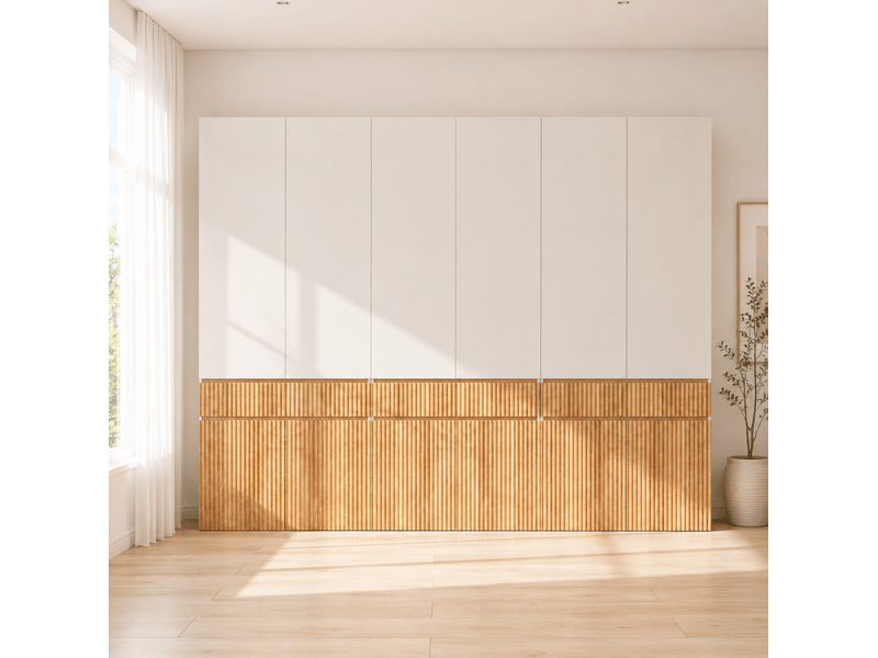 Armoire 12 portes 270x50x202 cm avec 3 tiroirs en mdf gris clair et chêne clair, 3 tringles à vêtements, grand rangement pour chambre - Conforama D
