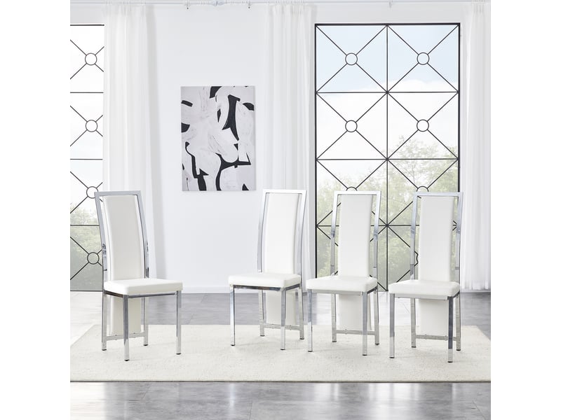  Lot de 4 chaises de salle à manger en cuir pu blanc avec cadre en métal argenté, dossier haut 109 cm  - Conforama R
