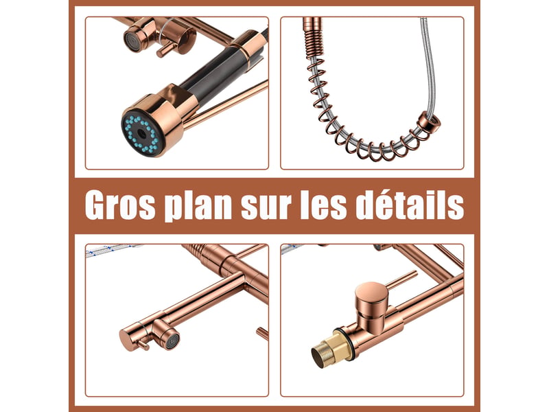  Mitigeur cuisine pivotant 360°- robinet 46cm avec ressort extensible et 2 modes de pulvérisation - rose gold  - Conforama D
