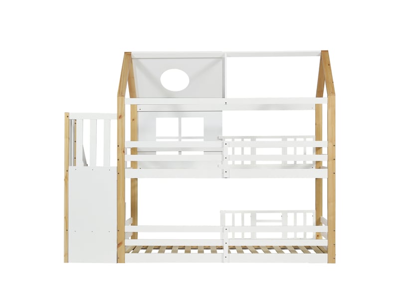  Lit superposé avec escalier de rangement, lit cabane, lit enfant, avec barrière de sécurité, fenêtre et toit, pin et mdf, blanc et naturel, 90 x 200 cm  - Conforama D