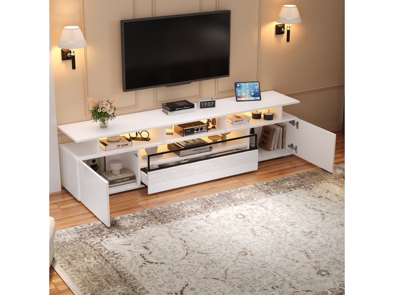  Meuble tv 180x38x45cm, lowboard avec led et 10 étagères, meuble tv haut brillance avec 2 armoires et 1 tiroir, meuble de salon  - Conforama E