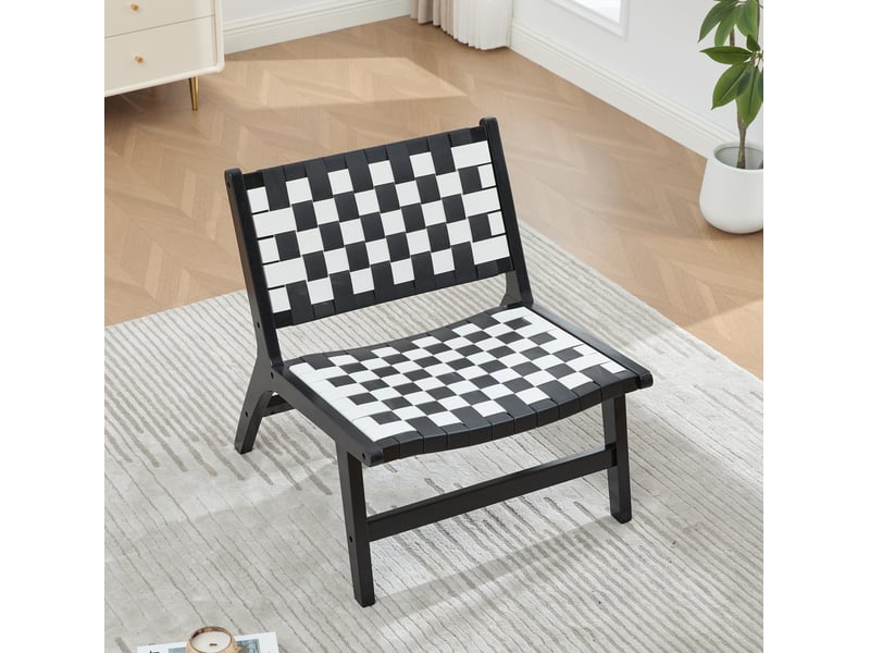  Fauteuil sans accoudoirs tressé à motif damier, assise basse compacte pour salon, en bois et pu noir  - Conforama C