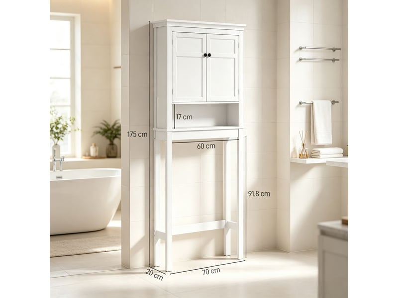 Colonne de salle de bain rangement optimisé blanc panneaux mdf 2 portes étagère ouverte rangement organisé système anti-basculement - Conforama C