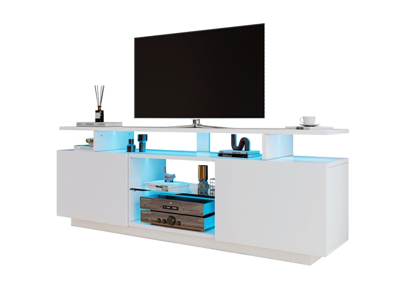  Meuble tv modenvie blanc led 16 couleurs 140 x 35 x 55 cm avec 2 portes et rangements  - Conforama A