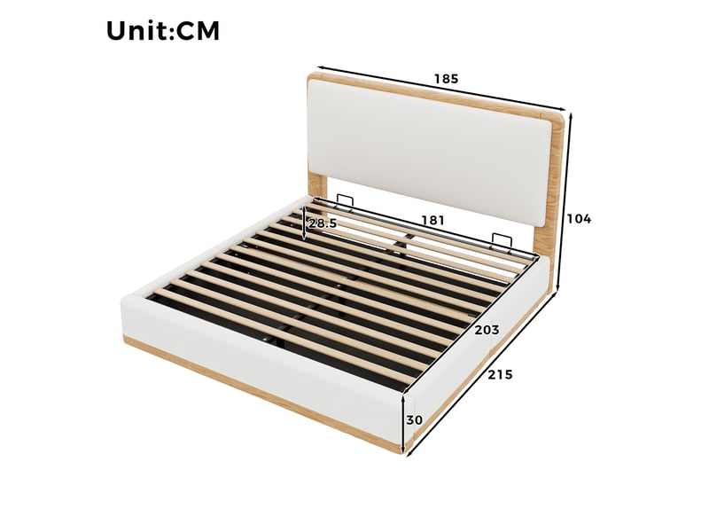  Lit coffre rembourré 180x200 cm avec rangement hydraulique, tête de lit matelassée, sommier à lattes, tissu teddy et pu, blanc et naturel  - Conforama E