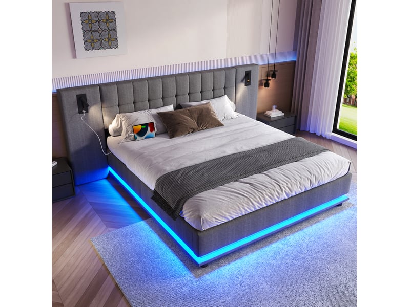 Lit rembourré 180 x 200 cm gris en lin avec led, spots et usb, sans matelas - Conforama C