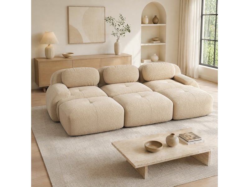  Canapé modulaire 3 places avec 3 poufs en velours côtelé beige  - Conforama B