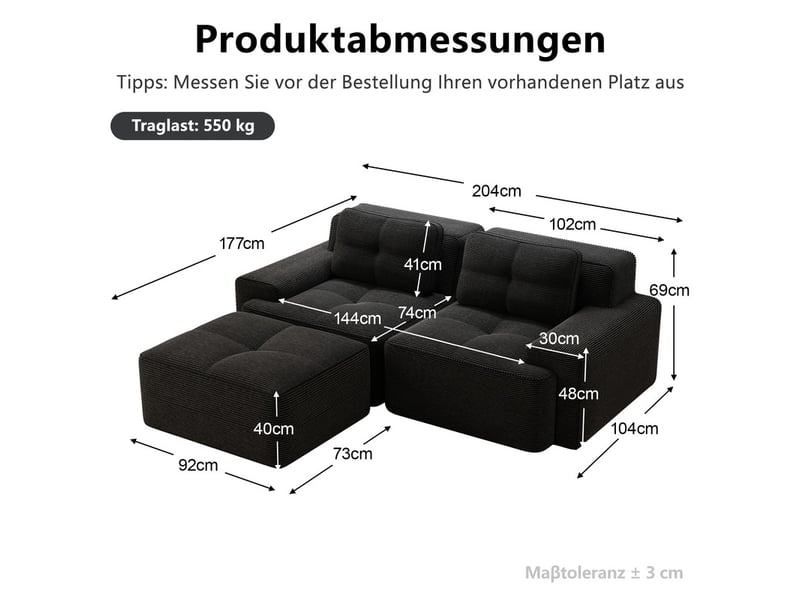  Canapé modulable d’angle 2 places avec ottomane en velours côtelé noir, sans montage  - Conforama C