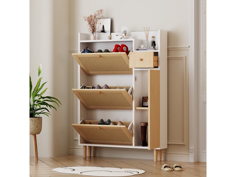  Meuble à chaussures - 90x17x125cm - meuble d'entrée 3 portes abattantes, 1 tiroir, cannage rotin - bois clair  - Conforama C