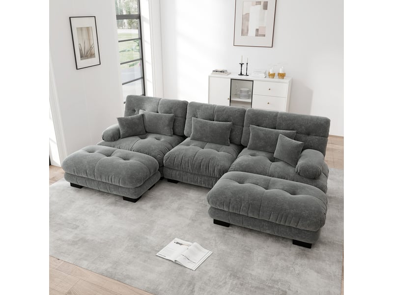  Canapé d'angle modulaire de luxe,3 places,convertible avec assise profonde et pouf, velours ,313x 145x 81 cm, gris  - Conforama D