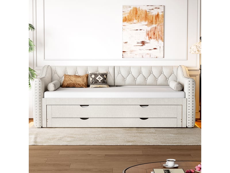  Lit gigogne rembourré 90x200 cm coloris beige led lin lit enfant beige - Conforama D