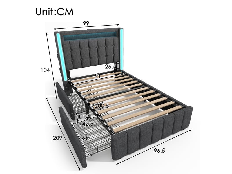  Lit simple 90x200 cm avec éclairage led et 2 tiroirs, structure de lit avec matelas, lit enfant avec sommier à lattes en bois, gris  - Conforama D