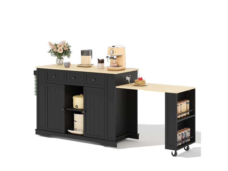 Desserte de cuisine avec table extensible, 2 portes, 2 tiroirs et prises intégrées, pour cuisine, 138 × 55 × 93 cm  - Conforama A
