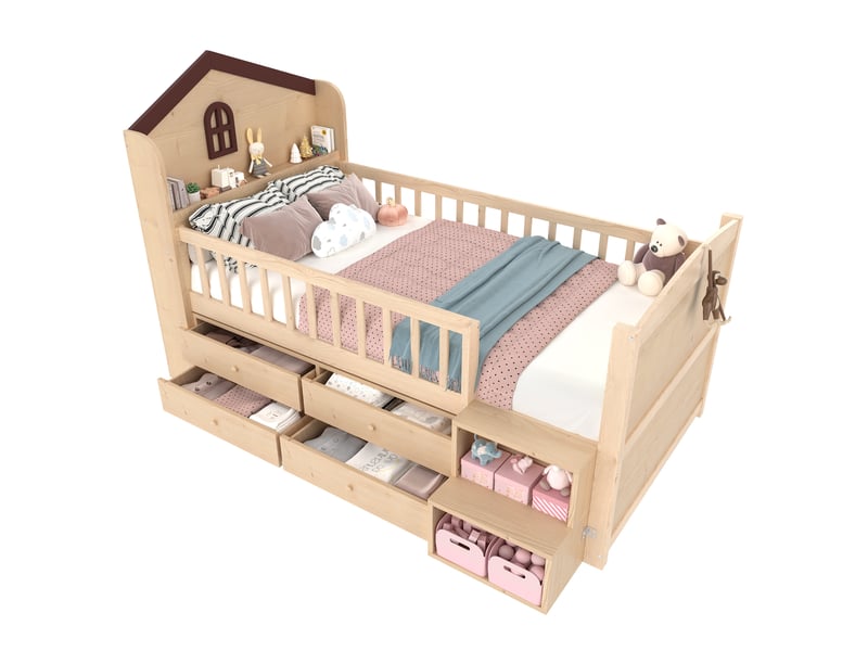  Lit enfant mi-hauteur maison 90 x 200 cm, led, 4 tiroirs, échelle de rangement naturel  - Conforama A
