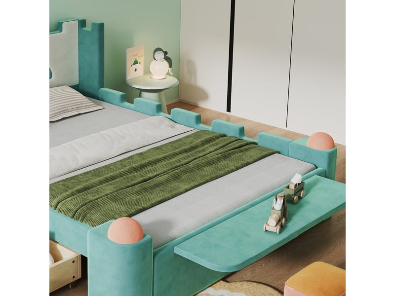  Lit coffre capitonné 140x200 cm bleu canard velours avec lampe de lecture led port usb tiroir de rangement et tablette rabattable Sol Morn - Conforama B