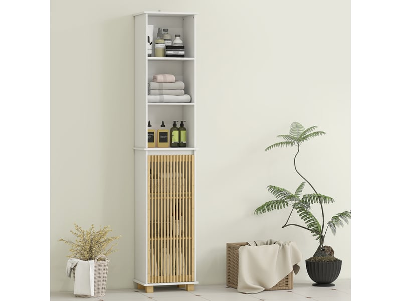  Colonne salle de bain, blanc, meuble salle de bain rangement avec porte à lattes en bambou et compartiments ouverts  - Conforama W