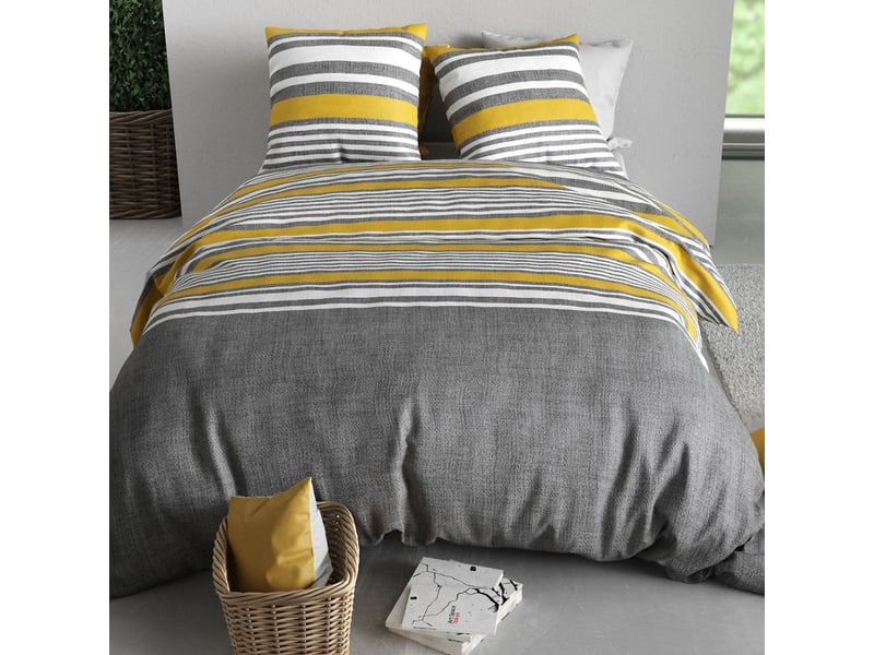  Parure housse de couette 260x240cm + 2 taies motif rayé gris et jaune 100% coton - story STORY - Conforama C