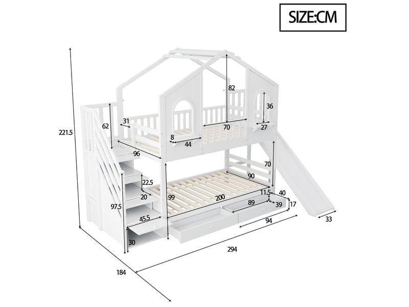  Lit superposé enfant 90x200 cm avec toboggan et escalier de rangement bois blanc sans matelas  - Conforama C