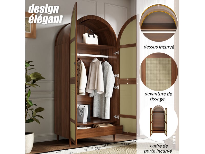 Armoire avec penderie, étagères et tiroirs, portes en rotin pour chambre ou entrée, mdf, noyer, 80 × 50 × 179 cm - Conforama E