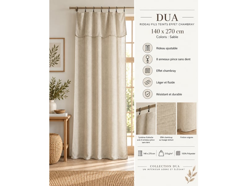 Rideau ajustable + 8 anneaux pince 140 x 270 cm polyester fils teints effet chambray dua sable 15664 - Conforama E