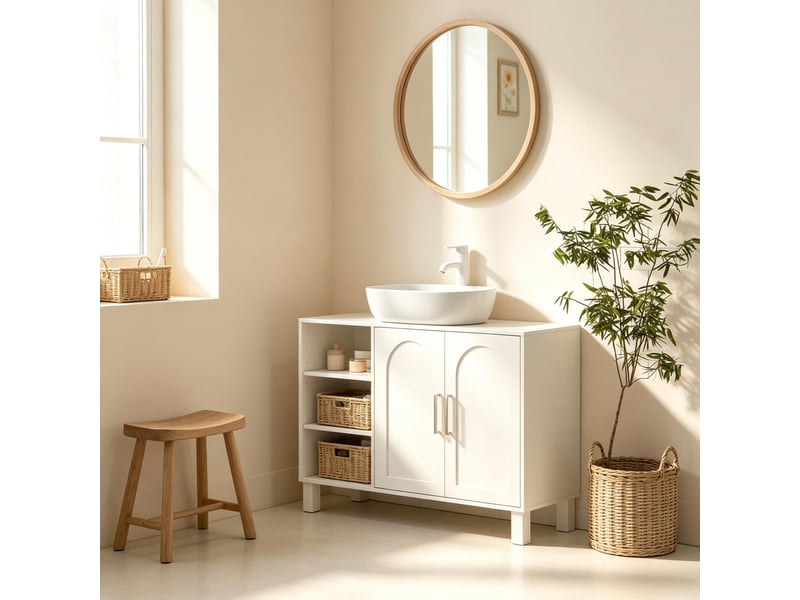  Meuble sous lavabo crème avec étagères 90 cm découpe u  - Conforama E