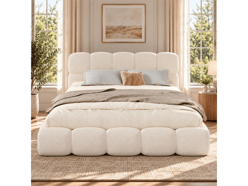  Lit double king size capitonné 200x200 cm, lit coffre avec hydraulique, sommier inclus, tête de lit bouclé blanc  - Conforama C