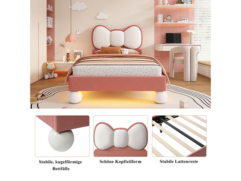  Lit capitonné enfant 90x200 cm rose et beige, tête nœud papillon, led sous lit et lattes  - Conforama C